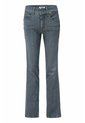 Jeans in denim grigio con vita media, gambe a bootcut, due tasche frontali e chiusura con doppio bottone.