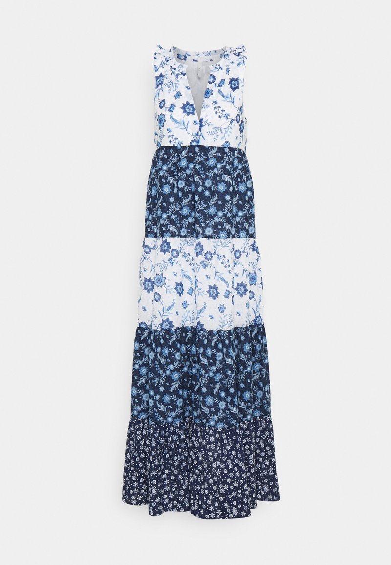 Robe maxi sans manches avec motifs floraux bleus et blancs superposés et décolleté en V avec épaules volantées.