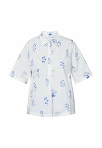 Kortærmet, collaret skjorte i hvid bomuld med blå blomsterprint, der har knaplukning foran og foldede, opkrøllede ærmer.