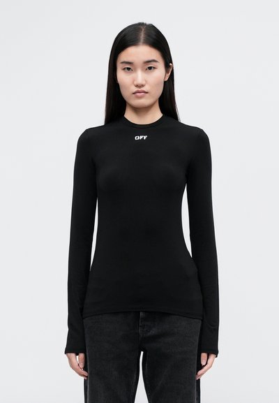 Tricou negru cu mânecă lungă dintr-un material neted, având un guler rotund și logo-ul "OFF" în alb pe piept. Design ajustat.