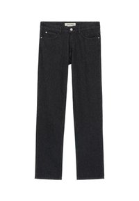 Jeans negros de corte recto para hombre con botón frontal, trabillas para el cinturón y diseño de cinco bolsillos, etiquetados como Trussardi en la cintura.