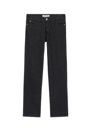 Męskie czarne dżinsy o prostym kroju z przodem na guzik, szlufkami na pasek i pięcioma kieszeniami, oznaczone logo Trussardi na pasku.