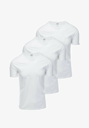 Three white cotton t-shirts with a v-neck and short sleeves. Each shirt features a plain design without patterns or accents.