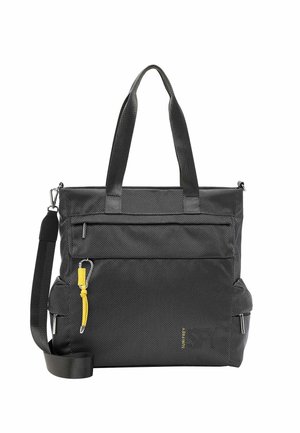 Sac cabas noir texturé avec deux anses, poche avant zippée, sangle d'épaule amovible et clip porte-clés jaune.