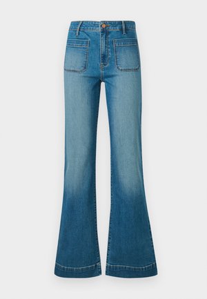Blue high-waisted denim jeans with front patch pockets and flared legs, featuring a button and zip closure.