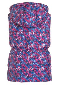 Pufferväst med fast huva, elastisk midja och livfullt blommönster i nyanser av blått, lila och rosa.