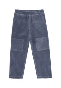 Pantalon en velours côtelé bleu foncé avec une texture côtelée, doté d'une taille élastique et de deux grandes poches plaquées à l'avant.