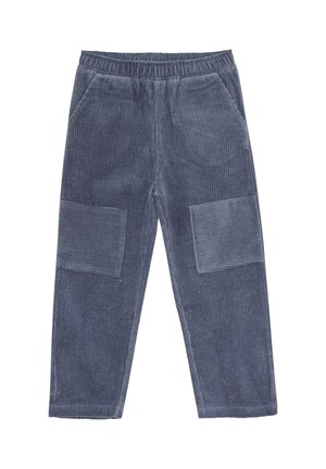 Pantalon en velours côtelé bleu foncé avec une texture côtelée, doté d'une taille élastique et de deux grandes poches plaquées à l'avant.