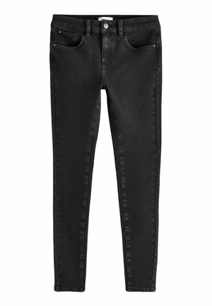 Schwarze Skinny-Jeans aus Denim mit klassischem Fünf-Taschen-Design, metallischem Knopf und subtilen Ausbleichungen an den Oberschenkeln.