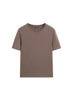 Brun bomulls-t-shirt med korta ärmar och rund hals. Enfärgad, slät textur, standardmodell, utan synliga mönster eller logotyper.