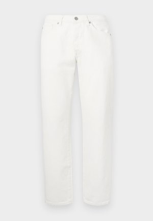 Pantalon en denim blanc avec une coupe droite. Il comporte une disposition traditionnelle à cinq poches, une fermeture à bouton métallique et une légère texture.