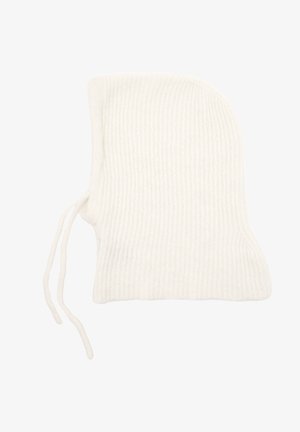 White ribbed knit hat with a rounded shape and adjustable ties. Made from soft material, featuring a textured pattern throughout.