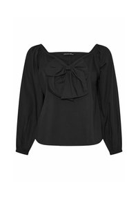 Svart blus med fyrkantig halsringning, långa puffärmar och en stor rosettdetalj fram. Tillverkad av mjukt tyg med en avslappnad passform.