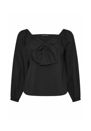 Blusa nera con scollatura quadrata, maniche lunghe a palloncino e un grande dettaglio a fiocco sul davanti. Realizzata in tessuto liscio con una vestibilità comoda.