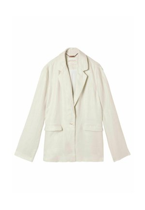 Single-button off-white blazer with notch lapels and front flap pockets, displayed on a white background.