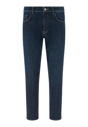 Donkerblauwe slim-fit jeans met voorzakken, riemlussen, knoopsluiting en subtiele stikdetails.