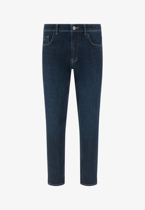 Dunkelblaue Slim-Fit-Jeans mit Vordertaschen, Gürtelschlaufen, Knopfverschluss und dezenten Nahtdetails.