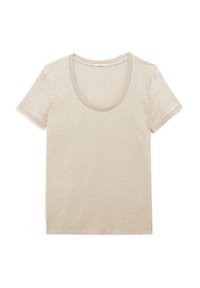 Beige T-shirt met korte mouwen en een ronde halslijn, plat weergegeven op een witte achtergrond.