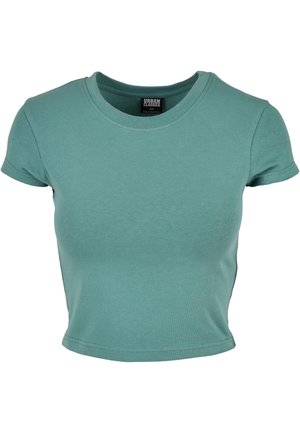 Camiseta de manga corta y cuello redondo en color azul verdoso, fabricada en suave material de algodón con un diseño ajustado y bordes rematados.