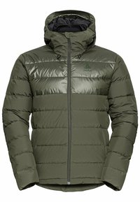 Olive green puffer jacket with a hood, featuring vertical stitched baffles, a full zipper, and a small logo on the chest. Smooth texture.