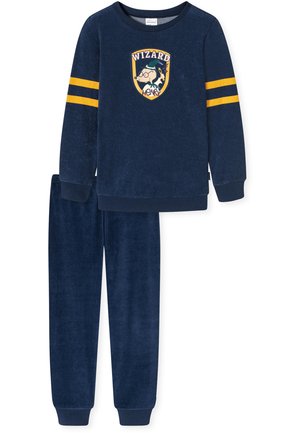 Navyfarbene Plüsch-Pyjamaset mit langärmligem Oberteil, das ein "WIZARD HENRY"-Abzeichen und gelbe Streifen an den Ärmeln zeigt; passgenaue tapered Hose.