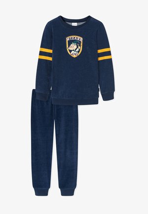 Navyfarbene Plüsch-Pyjamaset mit langärmligem Oberteil, das ein "WIZARD HENRY"-Abzeichen und gelbe Streifen an den Ärmeln zeigt; passgenaue tapered Hose.