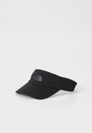 Zwarte visor met een brede rand, gemaakt van textuurstof, heeft het "The North Face" logo in het grijs, met een verstelbare band gemarkeerd met "FLASHDRY."