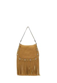 Fringe handtas in tan suede met zilveren studs langs de bovenrand en een enkele schouderband. Heeft lange, zachte franjes aan de onderkant.