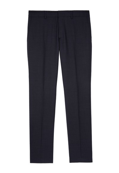 Marineblauwe pantalon in een textuurstof, met een rechte snit, riemlussen en twee zijzakken voor functionaliteit.