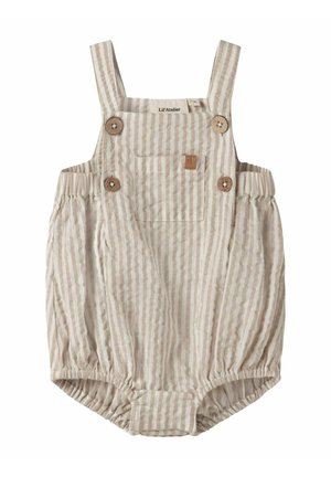 Barboteuse pour bébé rayée beige et blanc avec poche avant, boutons en bois sur les bretelles, et ouvertures élastiques aux jambes et à la taille.