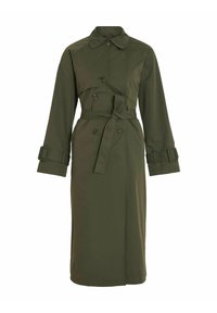 Oliwkowy trencz, dwurzędowy fason, z paskiem w talii, szerokimi mankietami i kołnierzem. Gładki materiał bez wzorów.