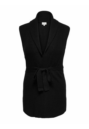 Mouwloos zwart gebreid vest met een sjaalkraag en een stoffen riem die in de taille is gestrikt, weergegeven tegen een witte achtergrond.
