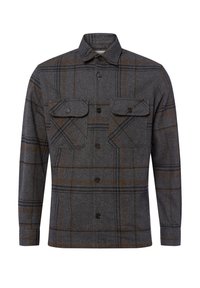 Camicia di flanella grigia con un motivo a scacchi scuro e accenti marroni, due tasche sul petto e una chiusura con bottoni sul davanti con colletto classico.