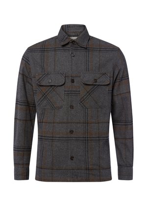Grijze flanellen shirt met een donker geblokt patroon met bruine accenten, twee borstzakken en een knoopsluiting met een klassieke kraag.