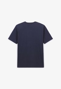 T-shirt bleu marine à manches courtes avec col rond, fabriqué en coton. Texture lisse, coupe décontractée et sans logos ni motifs visibles.