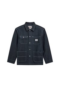 Donker denimjack met een klassiek kraag, voor sluiting met knopen, twee borstzakken en twee onderzakken. Contraststiksel overal.