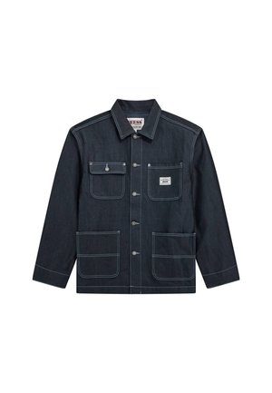 Donker denimjack met een klassiek kraag, voor sluiting met knopen, twee borstzakken en twee onderzakken. Contraststiksel overal.