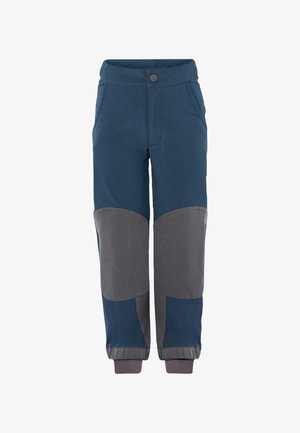 Pantaloni blu realizzati in tessuto leggero con toppe grigie sulle ginocchia. Presentano una vita elasticizzata e polsini, offrendo una vestibilità comoda.