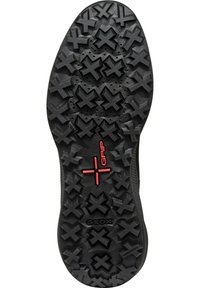 Black rubber shoe sole featuring a patterned tread with various shapes, including crosses and dots; marked with "GRIP" and "GEOX" logos.