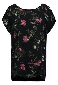 Černá krátká blůza s květinovým vzorem, který obsahuje růžové a bílé květiny a zelené listy. Lehce padnoucí, volný střih.