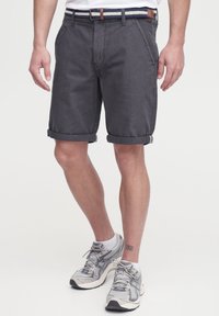 Gray, knee-length shorts with rolled cuffs, featuring side pockets and a woven belt with blue and white accents. Classic, casual design.
