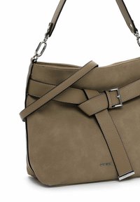 Taupe handbag with adjustable straps, a buckle detail on the front, and silver hardware accents.