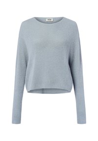 Lichtblauw cropped sweater gemaakt van ribgebreide stof, met lange mouwen en een ronde halslijn. Eenvoudig ontwerp met een zachte textuur.