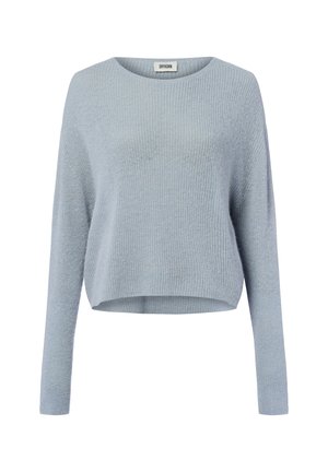 Lichtblauw cropped sweater gemaakt van ribgebreide stof, met lange mouwen en een ronde halslijn. Eenvoudig ontwerp met een zachte textuur.