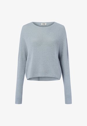 Lichtblauw cropped sweater gemaakt van ribgebreide stof, met lange mouwen en een ronde halslijn. Eenvoudig ontwerp met een zachte textuur.