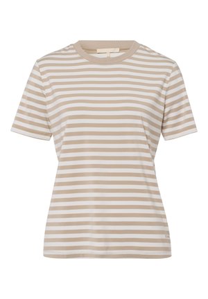 Korte mouwen t-shirt in beige en witte strepen, gemaakt van zachte stof, met een ronde hals en een relaxed fit. Geen opvallende hardware of accenten.