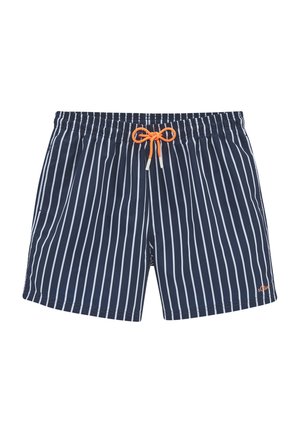 Pantalones cortos de baño azul marino con rayas verticales blancas, cintura elástica y cordón ajustable naranja. Presentan un pequeño logo en naranja.