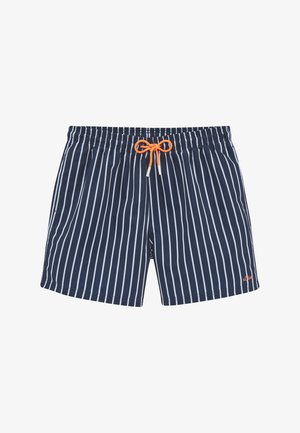 Temno modri kopalne hlače z belimi navpičnimi črtami, elastičnim pasom in nastavljivim oranžnim vrvico. Imajo majhen oranžen logotip.