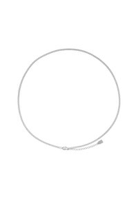 Collana in argento con un design delicato e piatto, caratterizzata da anelli intrecciati. La chiusura è semplice e presenta un piccolo dettaglio con etichetta.