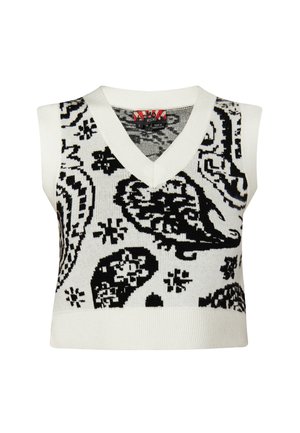 Top tricotat alb fără mâneci, cu modele paisley și geometrice negre, având un guler în V și un tiv cu textură ribbed. Textură moale.